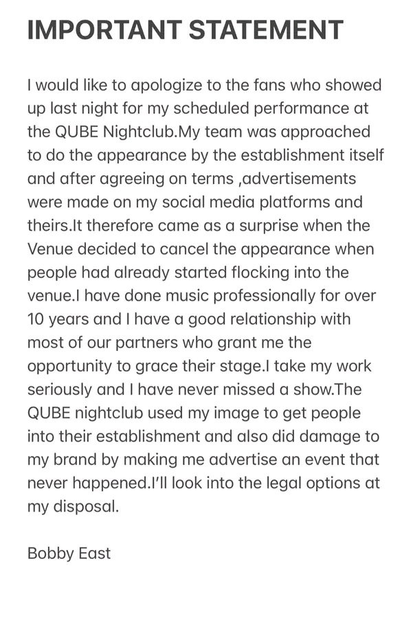 Bobby East Apologizes For Qube Cancelled Show